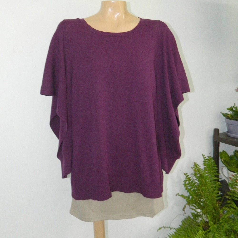 Cabi Sweater Women XL Purple Dolman Open Arm Flutter Sleeve Round Neck Knit Top